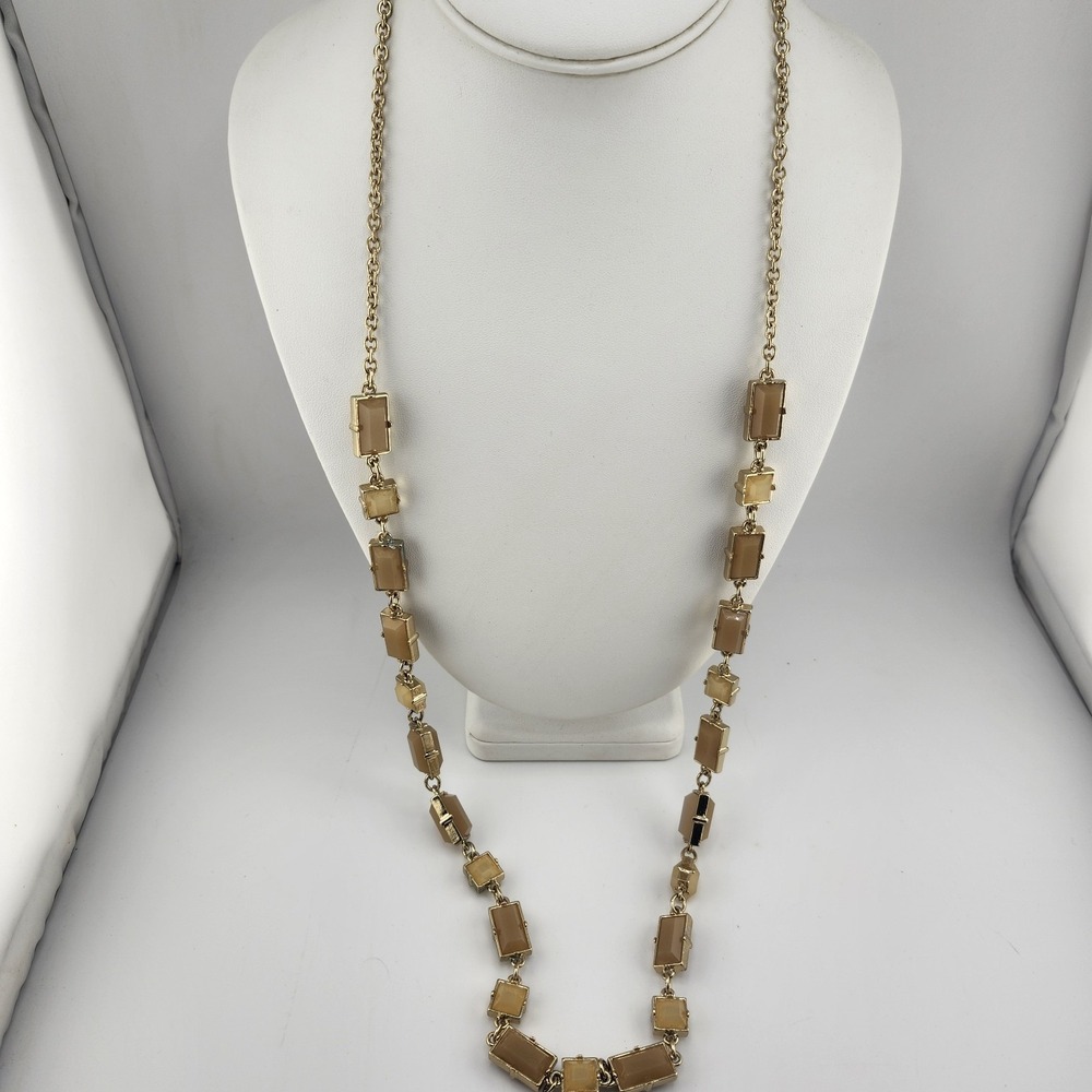 Ann Taylor Long Station Necklace Gold Tone Beige Acrylic Inlay READ‎